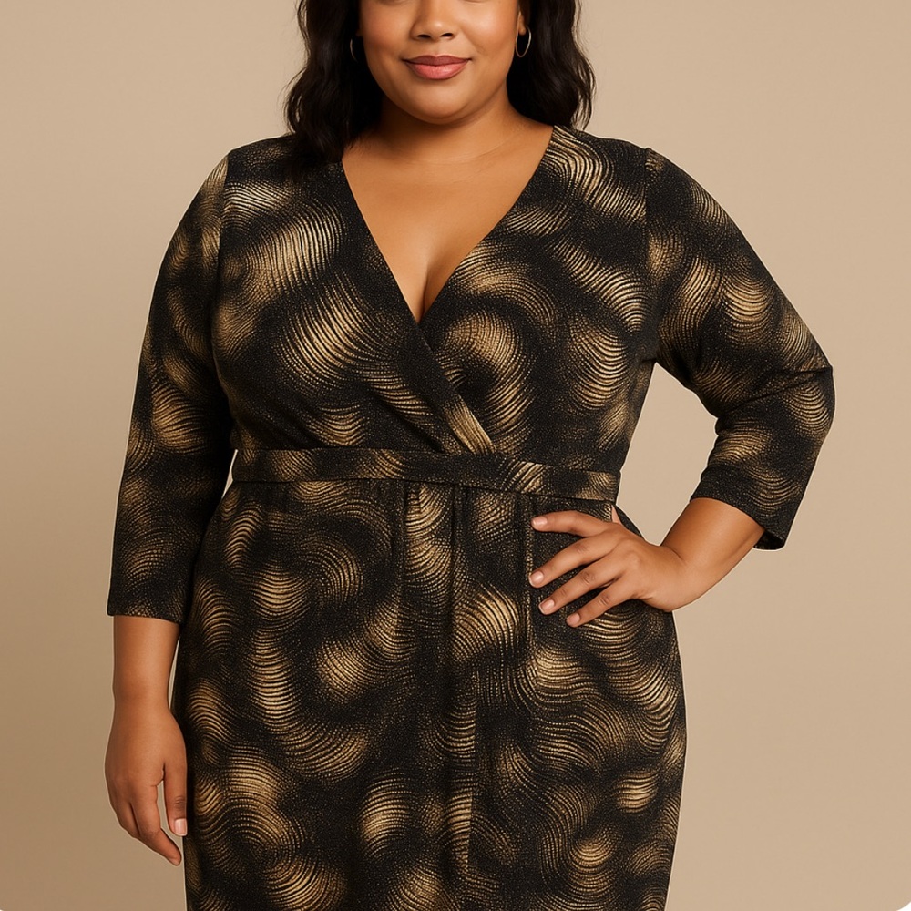 Plus Size 2X Stretchy Chic Black and Gold Patterned Dress